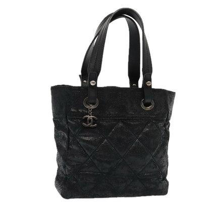 CHANEL Paris Biarritz MM Tote Bag Coated Canvas Black Silver CC bs17785