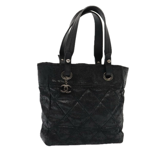 CHANEL Paris Biarritz MM Tote Bag Coated Canvas Black Silver CC bs17785
