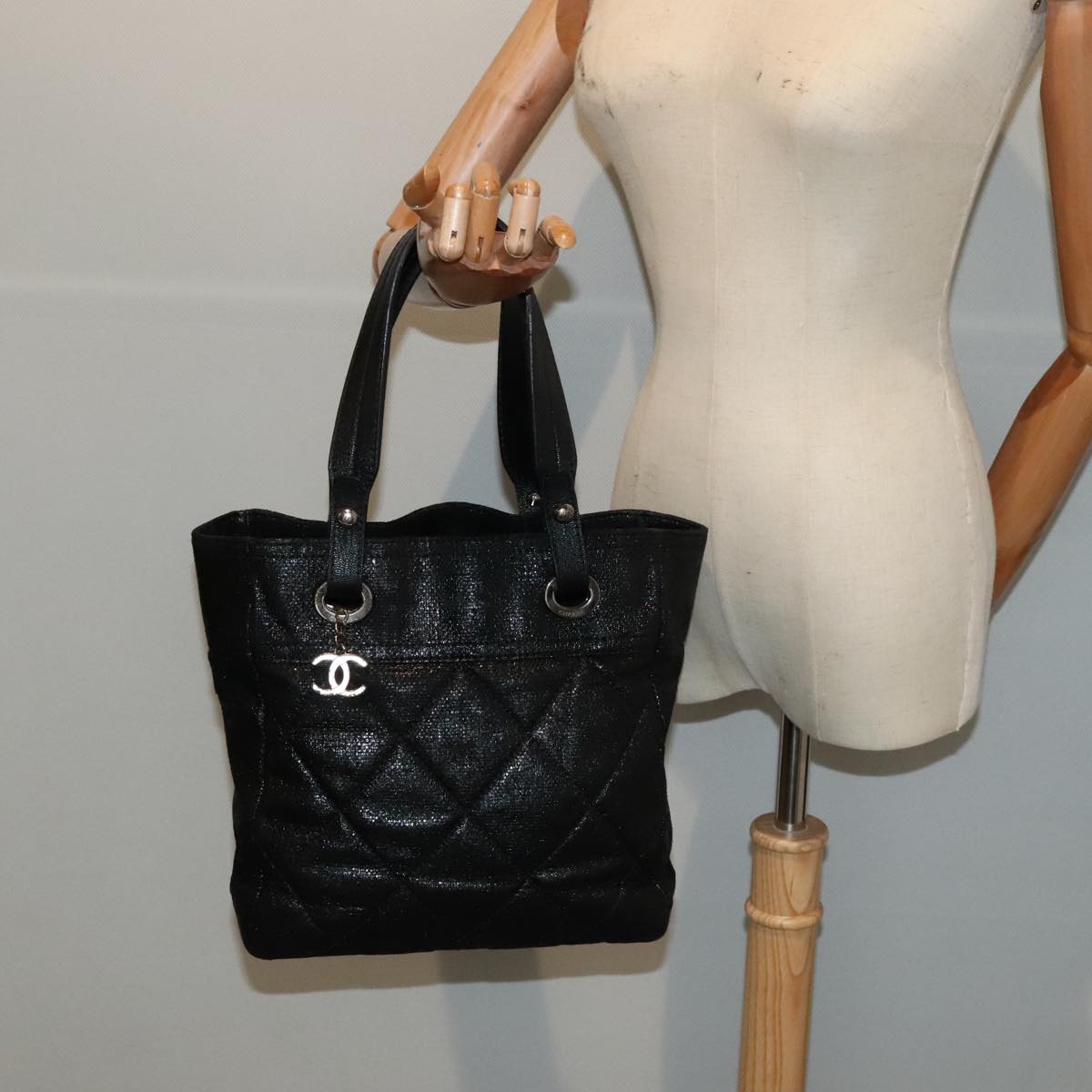 CHANEL Paris Biarritz MM Tote Bag Coated Canvas Black Silver CC bs17785