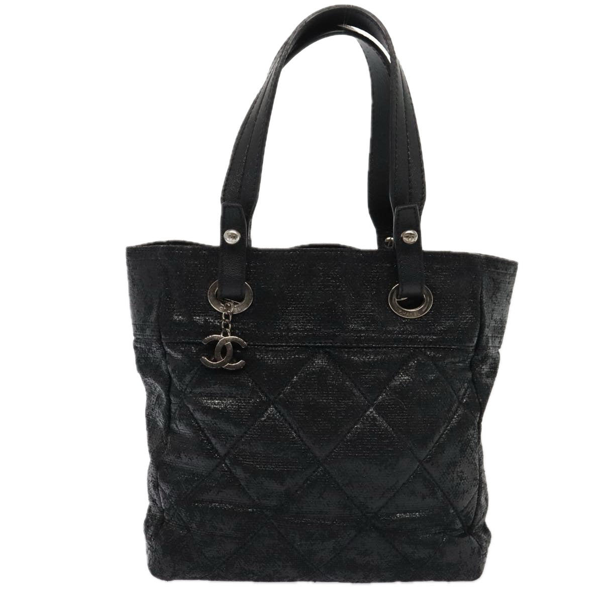CHANEL Paris Biarritz MM Tote Bag Coated Canvas Black Silver CC bs17785