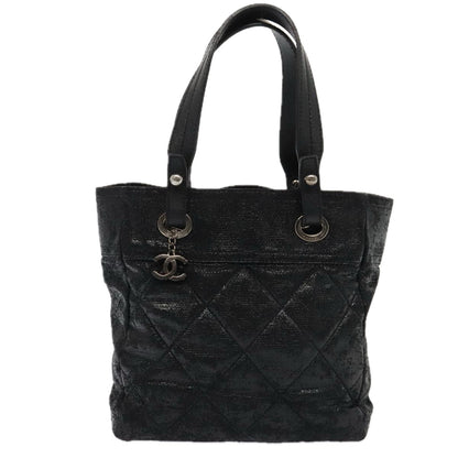 CHANEL Paris Biarritz MM Tote Bag Coated Canvas Black Silver CC bs17785