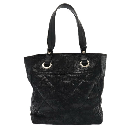 CHANEL Paris Biarritz MM Tote Bag Coated Canvas Black Silver CC bs17785