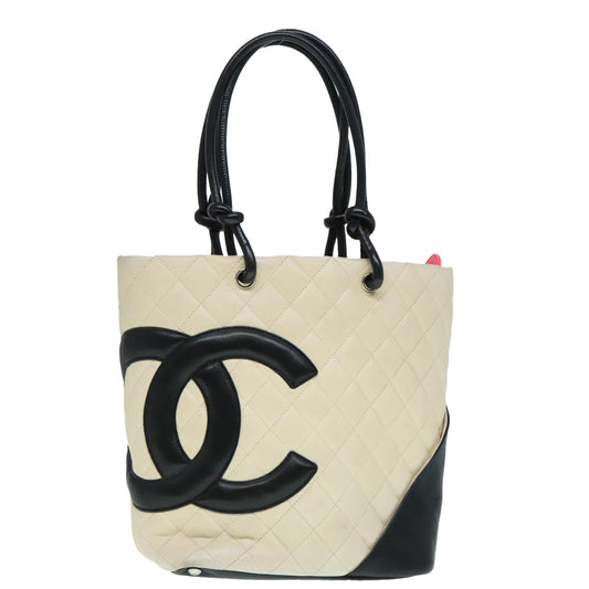 CHANEL Cambon Line Hand Bag Leather White Silver black CC bs17836