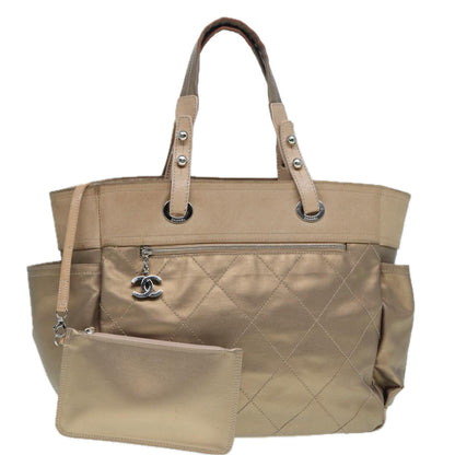 CHANEL Paris Biarritz MM Tote Bag Coated Canvas Gold Tone Silver CC bs17902