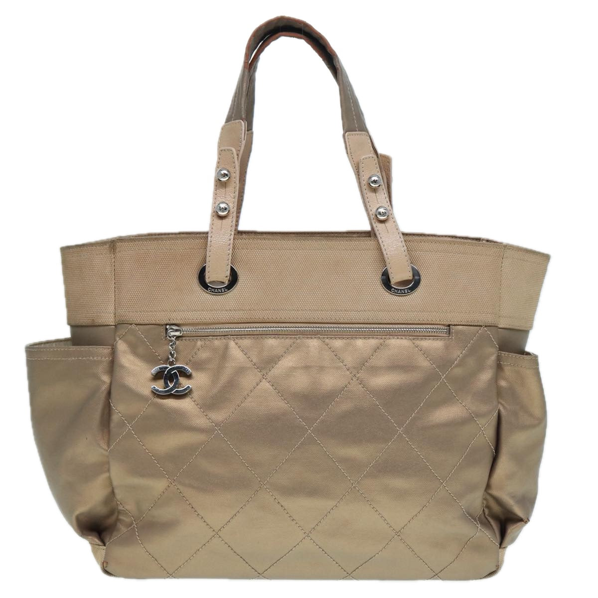 CHANEL Paris Biarritz MM Tote Bag Coated Canvas Gold Tone Silver CC bs17902