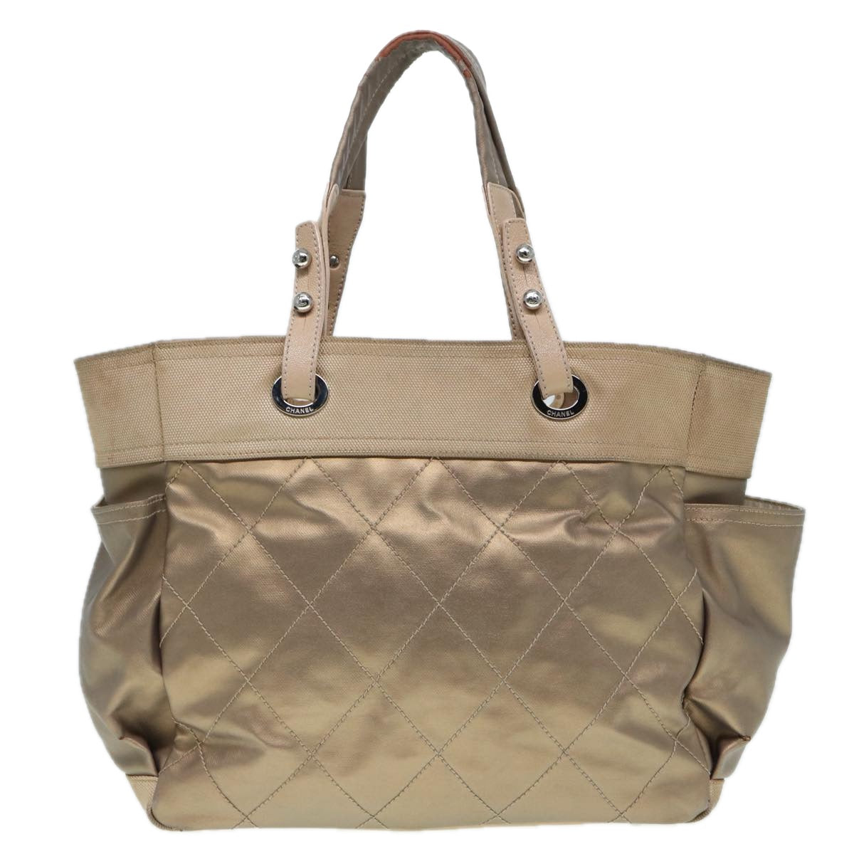 CHANEL Paris Biarritz MM Tote Bag Coated Canvas Gold Tone Silver CC bs17902