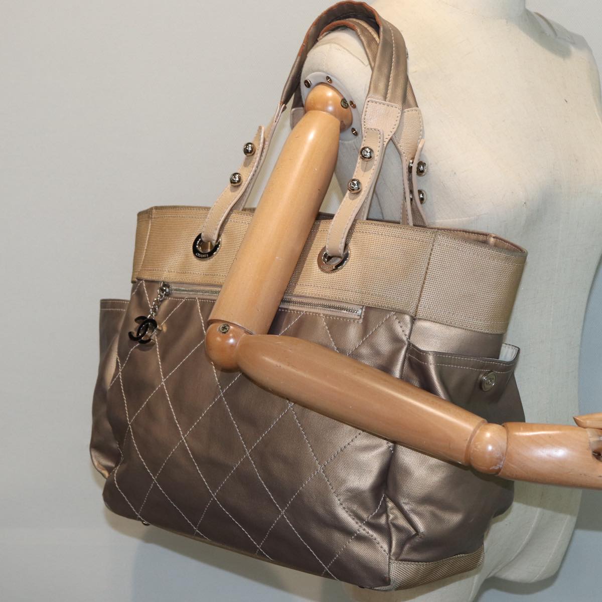 CHANEL Paris Biarritz MM Tote Bag Coated Canvas Gold Tone Silver CC bs17902