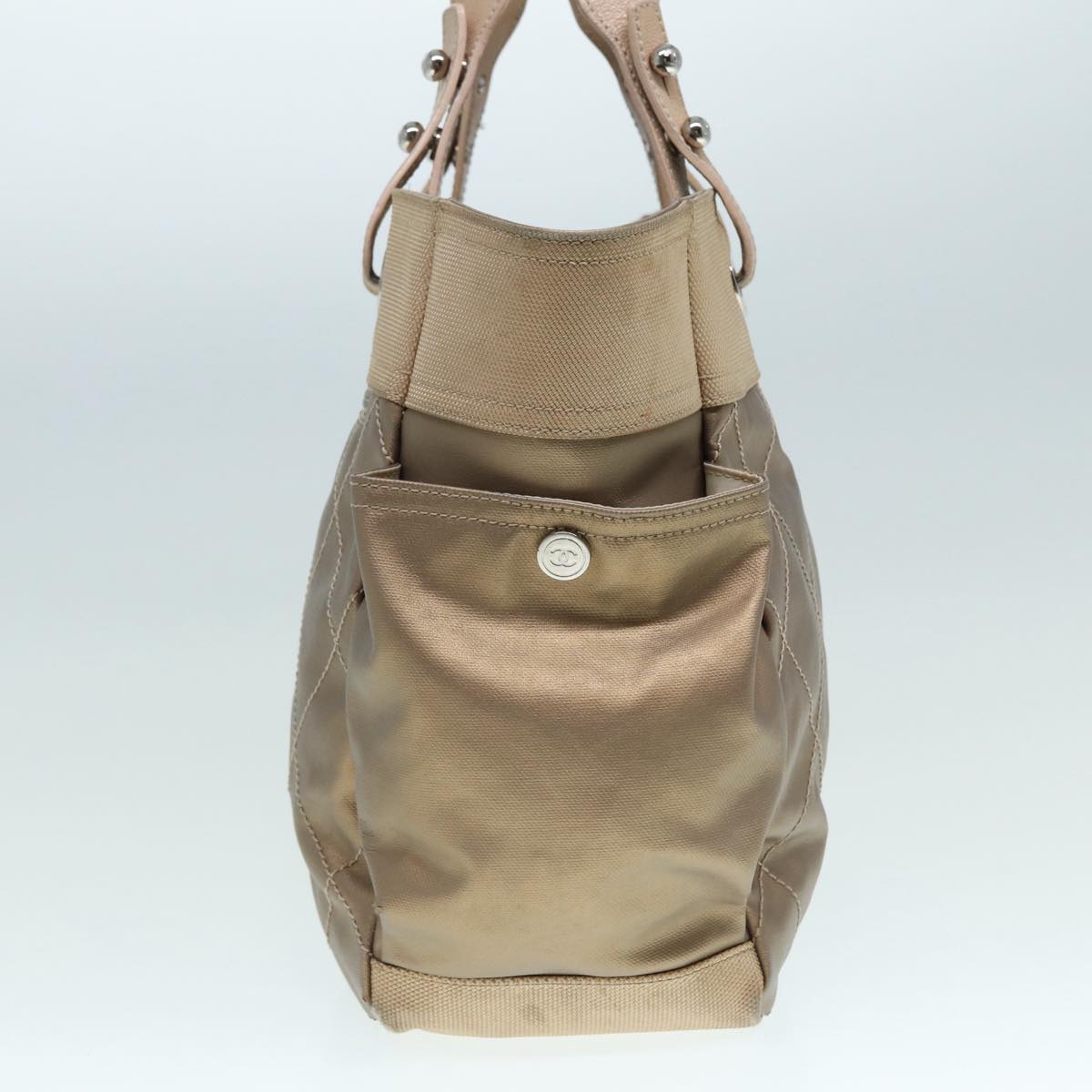 CHANEL Paris Biarritz MM Tote Bag Coated Canvas Gold Tone Silver CC bs17902