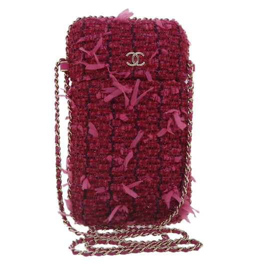 CHANEL Smartphone Case Chain Shoulder Bag Tweed Gold Pink CC bs18176
