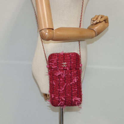 CHANEL Smartphone Case Chain Shoulder Bag Tweed Gold Pink CC bs18176