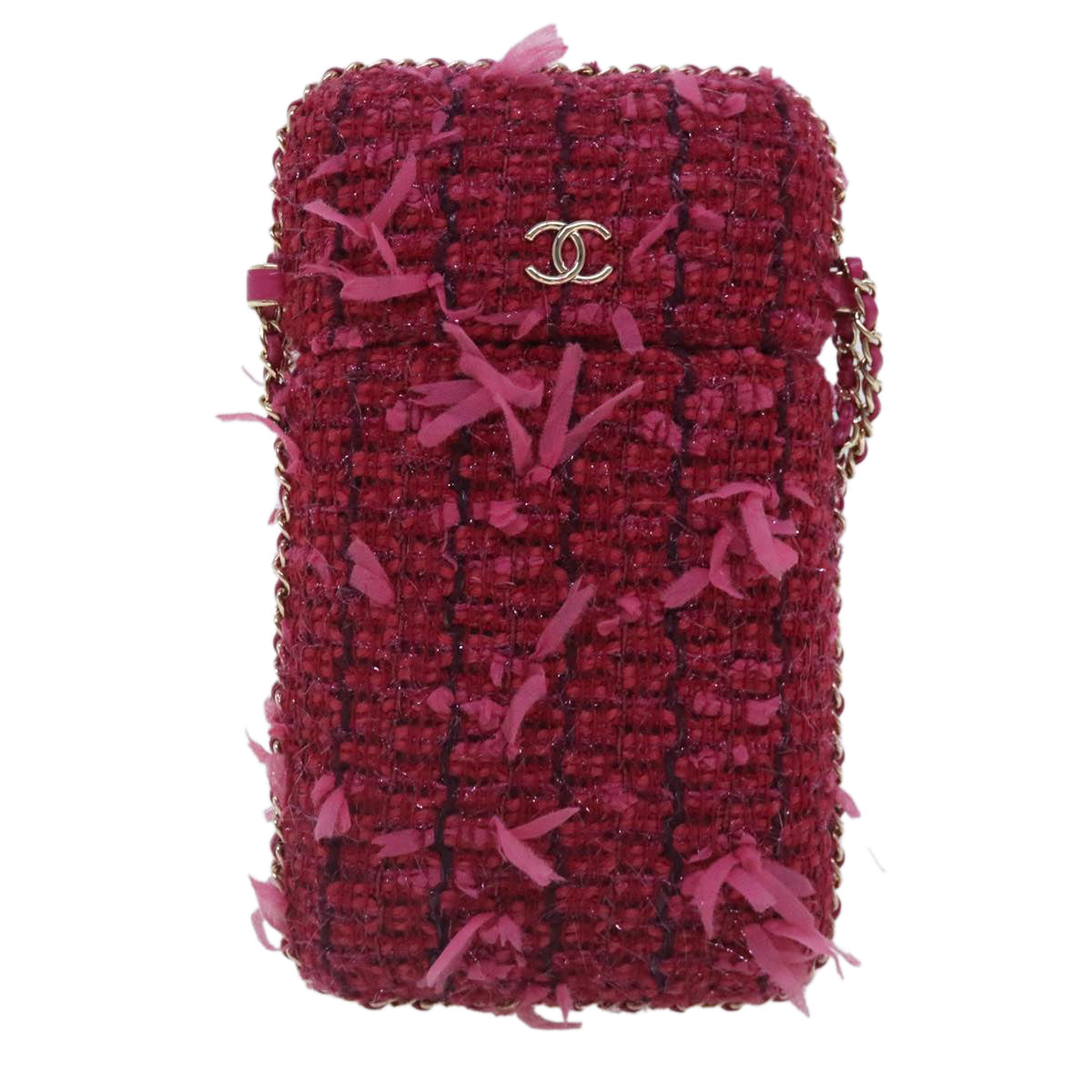 CHANEL Smartphone Case Chain Shoulder Bag Tweed Gold Pink CC bs18176