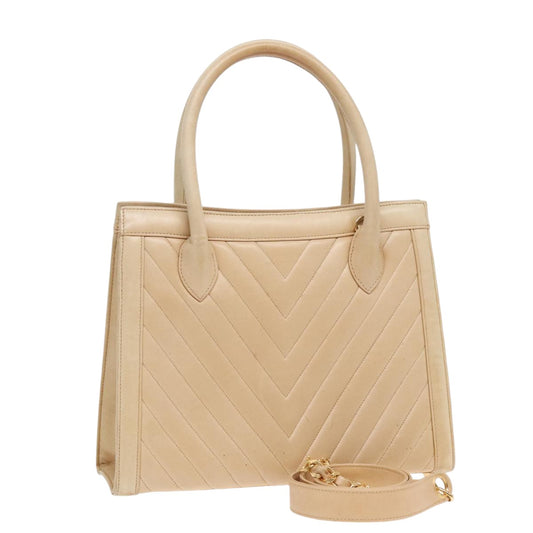 CHANEL V Stitch Hand Bag Lamb Skin 2way Beige CC bs18217