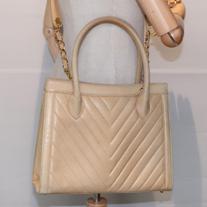 CHANEL V Stitch Hand Bag Lamb Skin 2way Beige CC bs18217