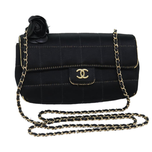 CHANEL Choco Bar Chain Shoulder Bag Satin Black CC bs18254