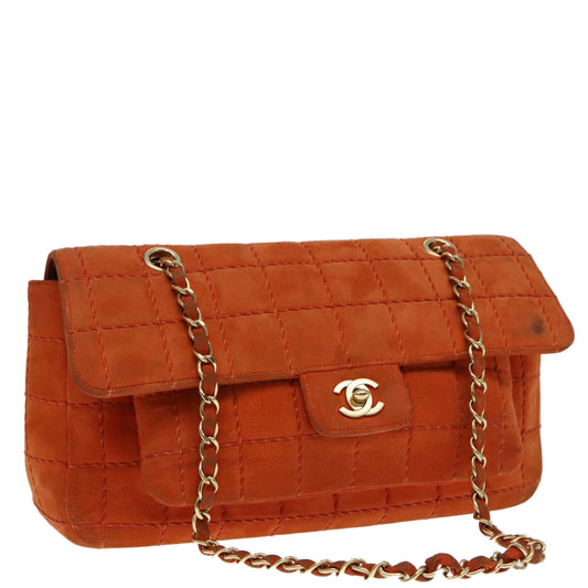 CHANEL Choco Bar Chain Shoulder Bag Suede Gold Orange CC bs18325
