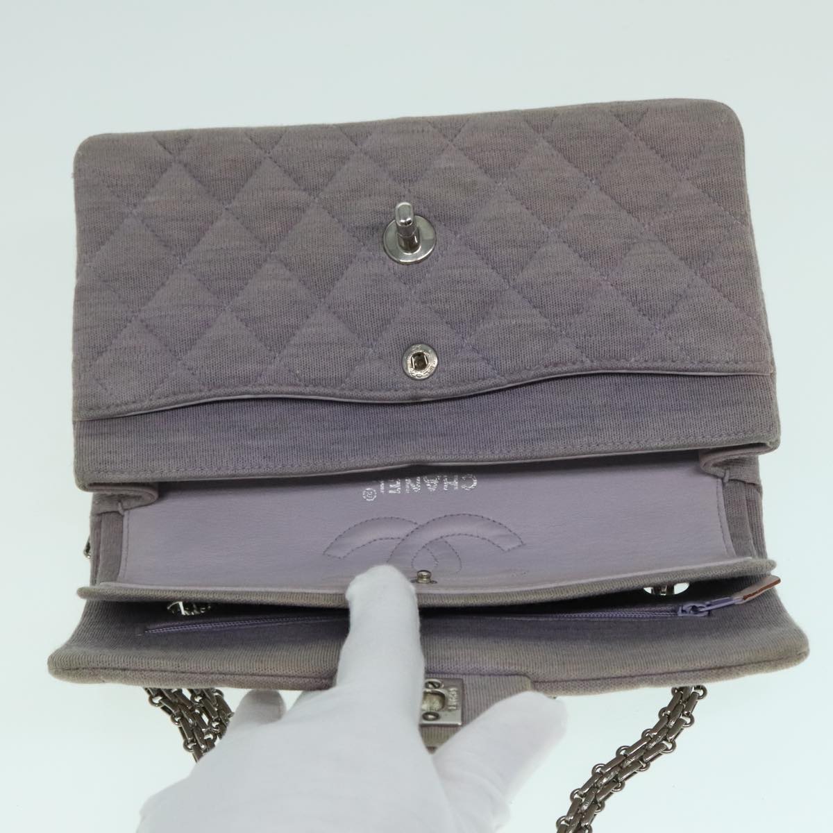 CHANEL Matelasse Chain Hand Bag Cotton Purple Silver CC bs18352