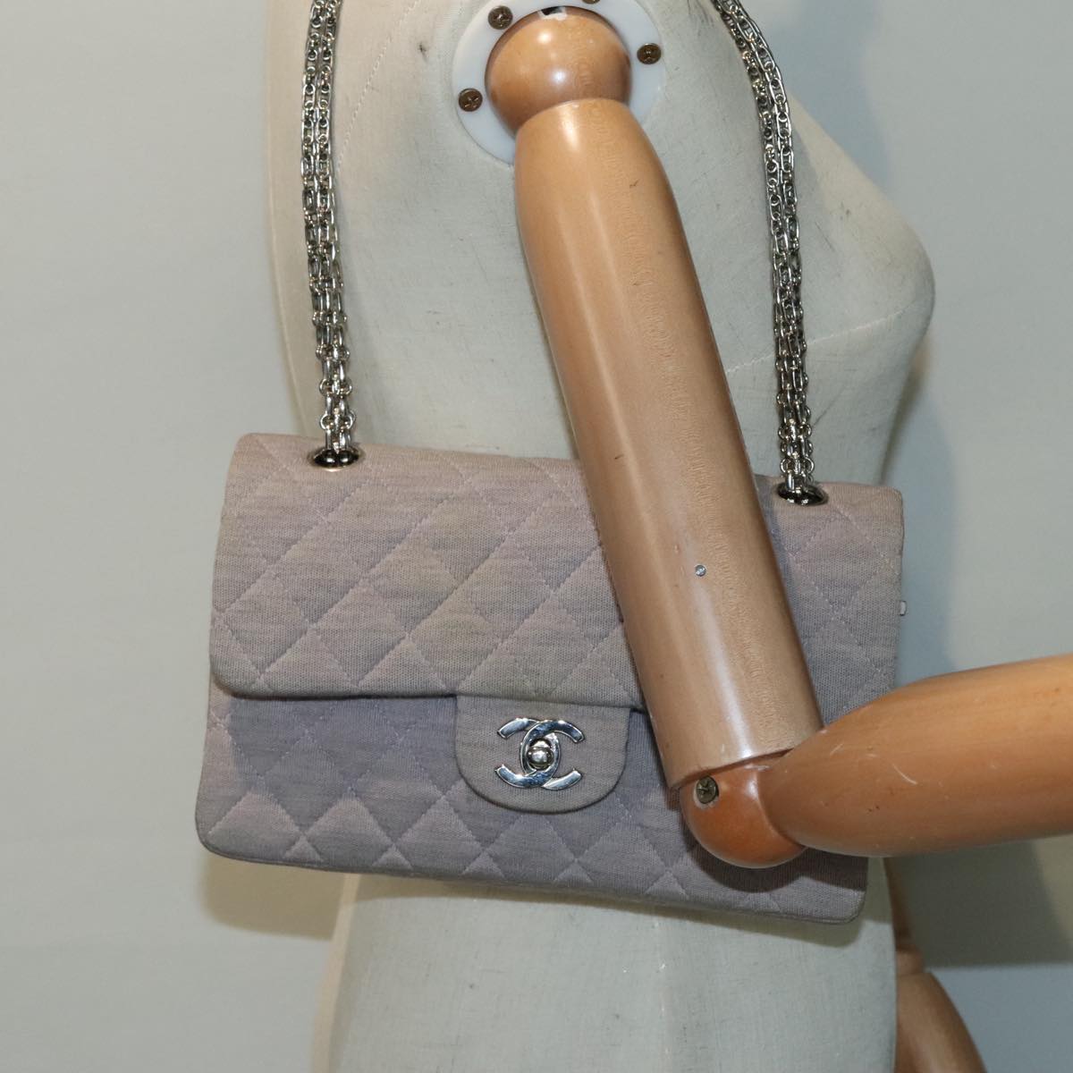CHANEL Matelasse Chain Hand Bag Cotton Purple Silver CC bs18352