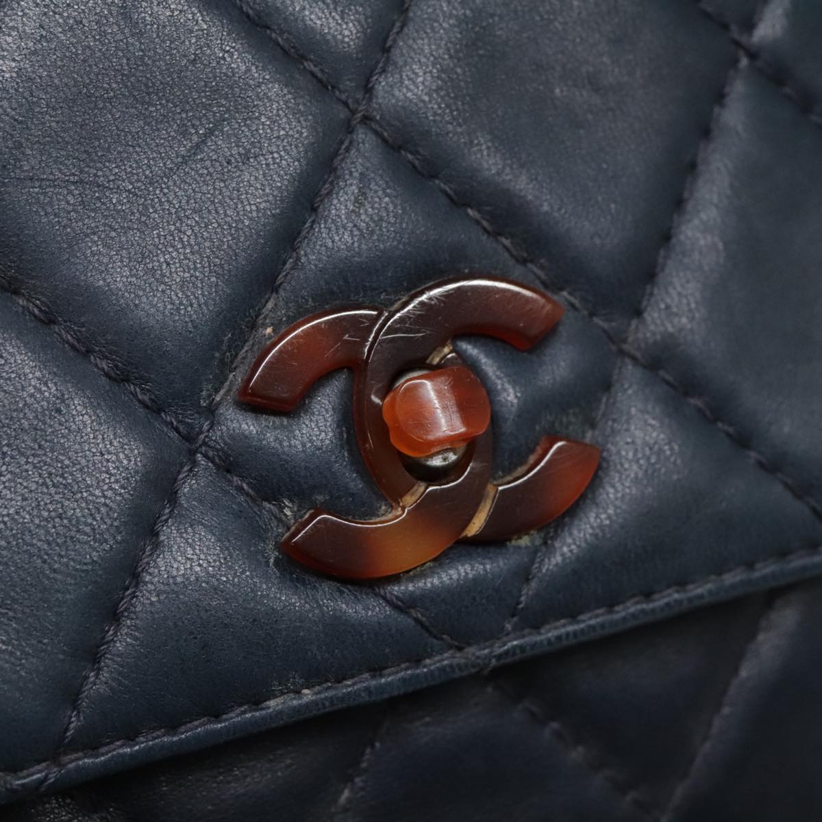 CHANEL Matelasse Hand Bag Lamb Skin Navy CC bs18353