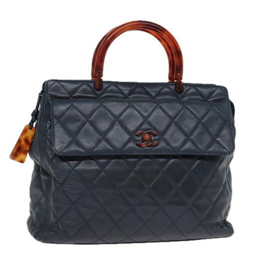 CHANEL Matelasse Hand Bag Lamb Skin Navy CC bs18353