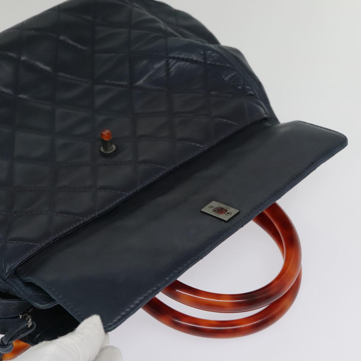 CHANEL Matelasse Hand Bag Lamb Skin Navy CC bs18353