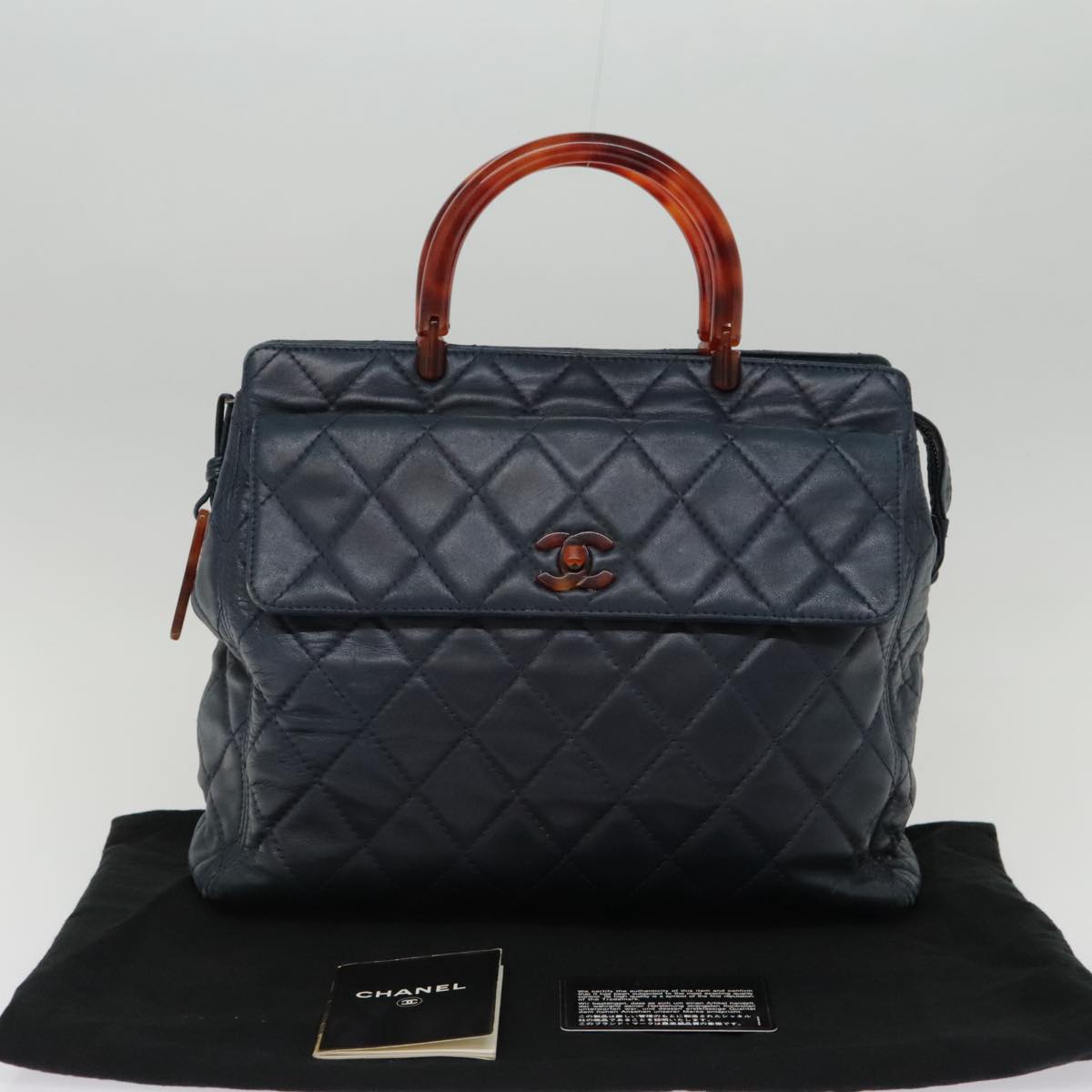 CHANEL Matelasse Hand Bag Lamb Skin Navy CC bs18353