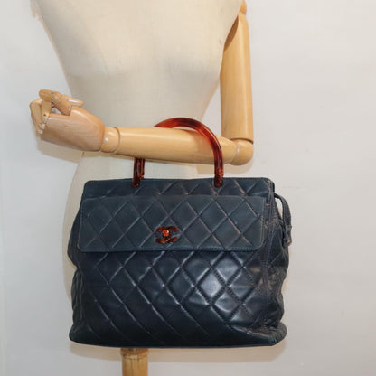 CHANEL Matelasse Hand Bag Lamb Skin Navy CC bs18353