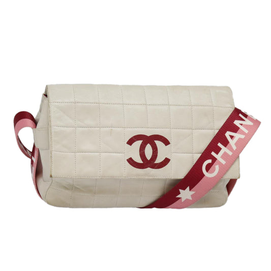 CHANEL Choco Bar Shoulder Bag Leather White Gold pink CC bs18354