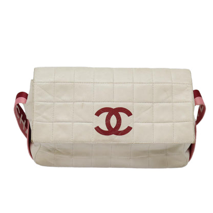 CHANEL Choco Bar Shoulder Bag Leather White Gold pink CC bs18354