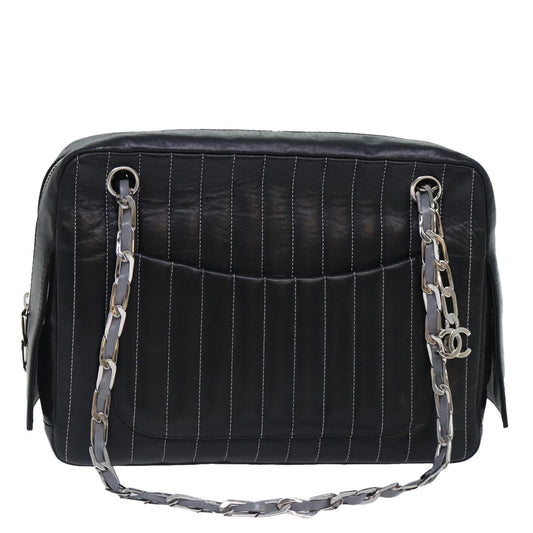 CHANEL Chain Shoulder Bag Leather Silver Black CC bs18415