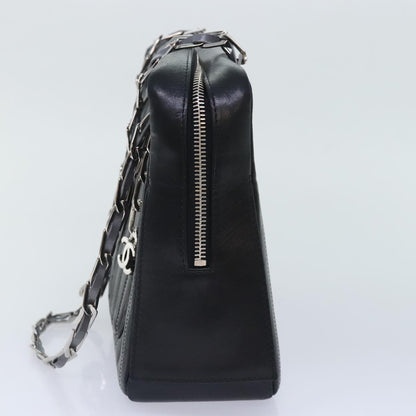 CHANEL Chain Shoulder Bag Leather Silver Black CC bs18415