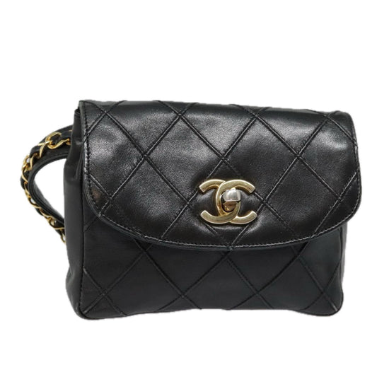 CHANEL Bicolore Chain Waist bag Leather Black Gold CC bs18454