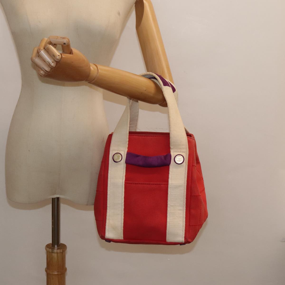 CHANEL Choco Bar Tote Bag Canvas Red Gold CC bs18523