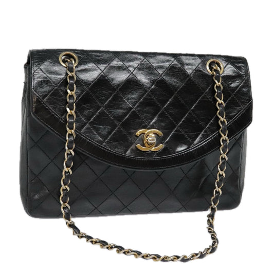 CHANEL Matelasse Chain Shoulder Bag Lamb Skin Gold Black CC bs18532