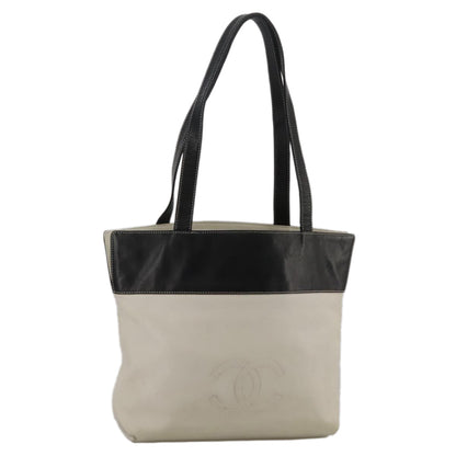CHANEL COCO Mark Tote Bag Leather White Black CC bs18647