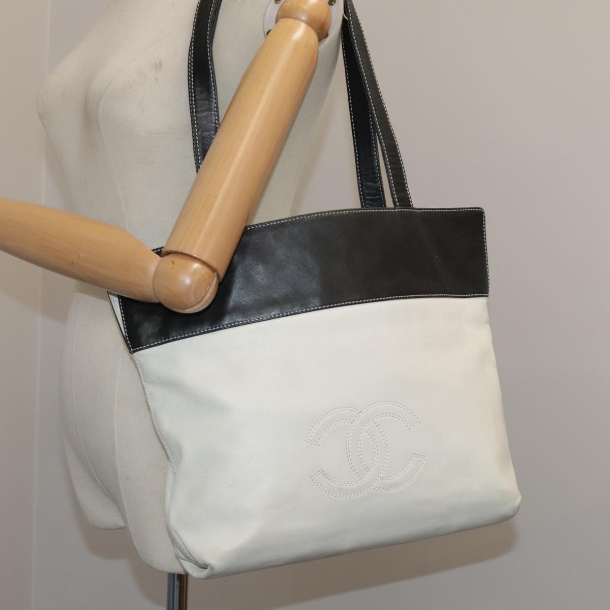 CHANEL COCO Mark Tote Bag Leather White Black CC bs18647