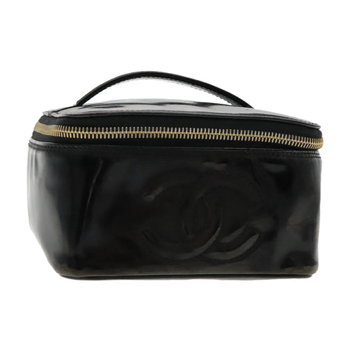 CHANEL Vanity Cosmetic Pouch Patent leather Black Gold CC bs18658