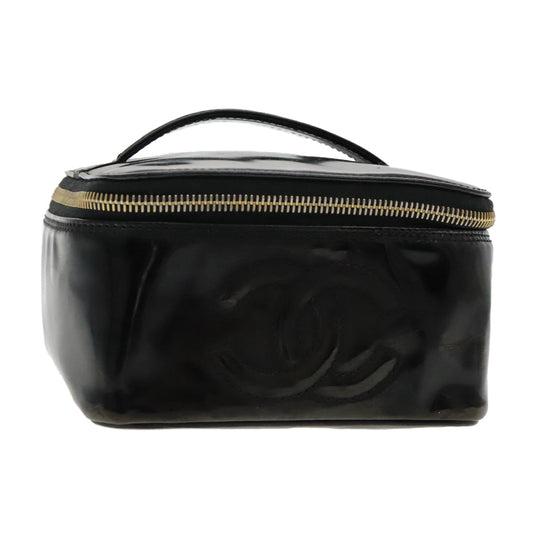 CHANEL Vanity Cosmetic Pouch Patent leather Black Gold CC bs18658