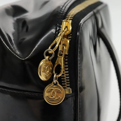 CHANEL Vanity Cosmetic Pouch Patent leather Black Gold CC bs18658