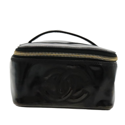 CHANEL Vanity Cosmetic Pouch Patent leather Black Gold CC bs18658