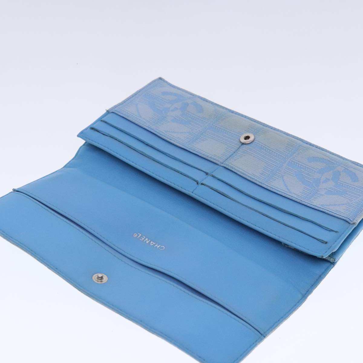 CHANEL New Travel line Long Wallet Nylon Light Blue Silver CC bs18719