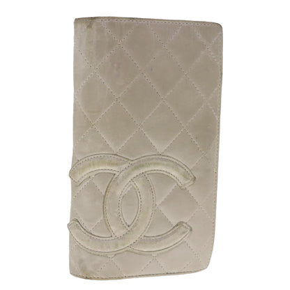 CHANEL Cambon Line Long Wallet Leather Beige Silver CC bs18722