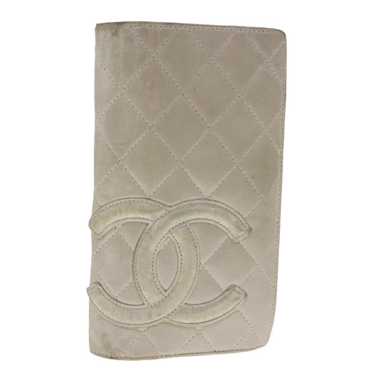 CHANEL Cambon Line Long Wallet Leather Beige Silver CC bs18722