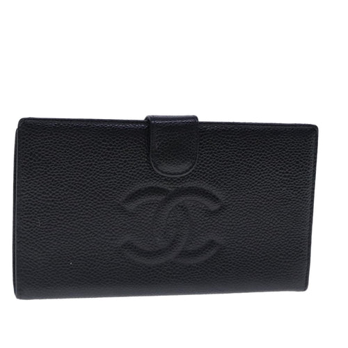 CHANEL Long Wallet Caviar Skin Black Gold CC bs18723