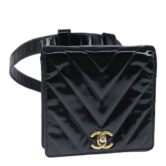 CHANEL V Stitch Waist bag Patent leather Black Gold CC bs18829
