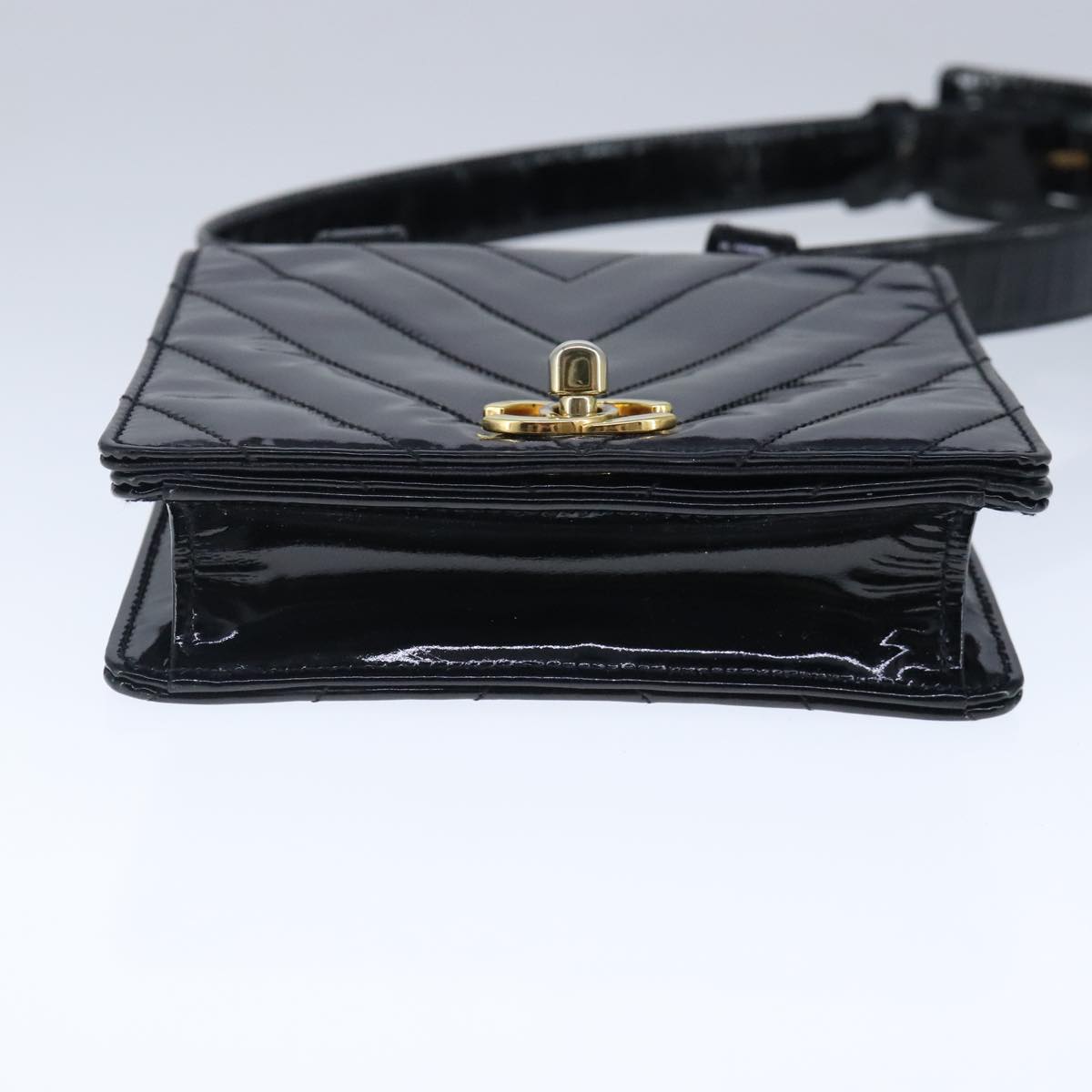 CHANEL V Stitch Waist bag Patent leather Black Gold CC bs18829