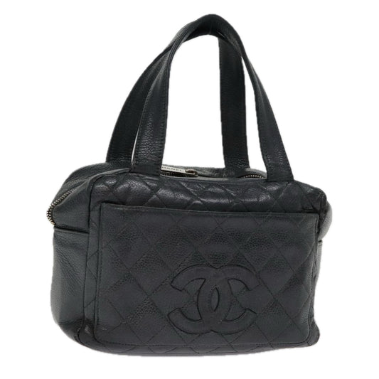 CHANEL Matelasse Hand Bag Caviar Skin Black Silver CC bs18836