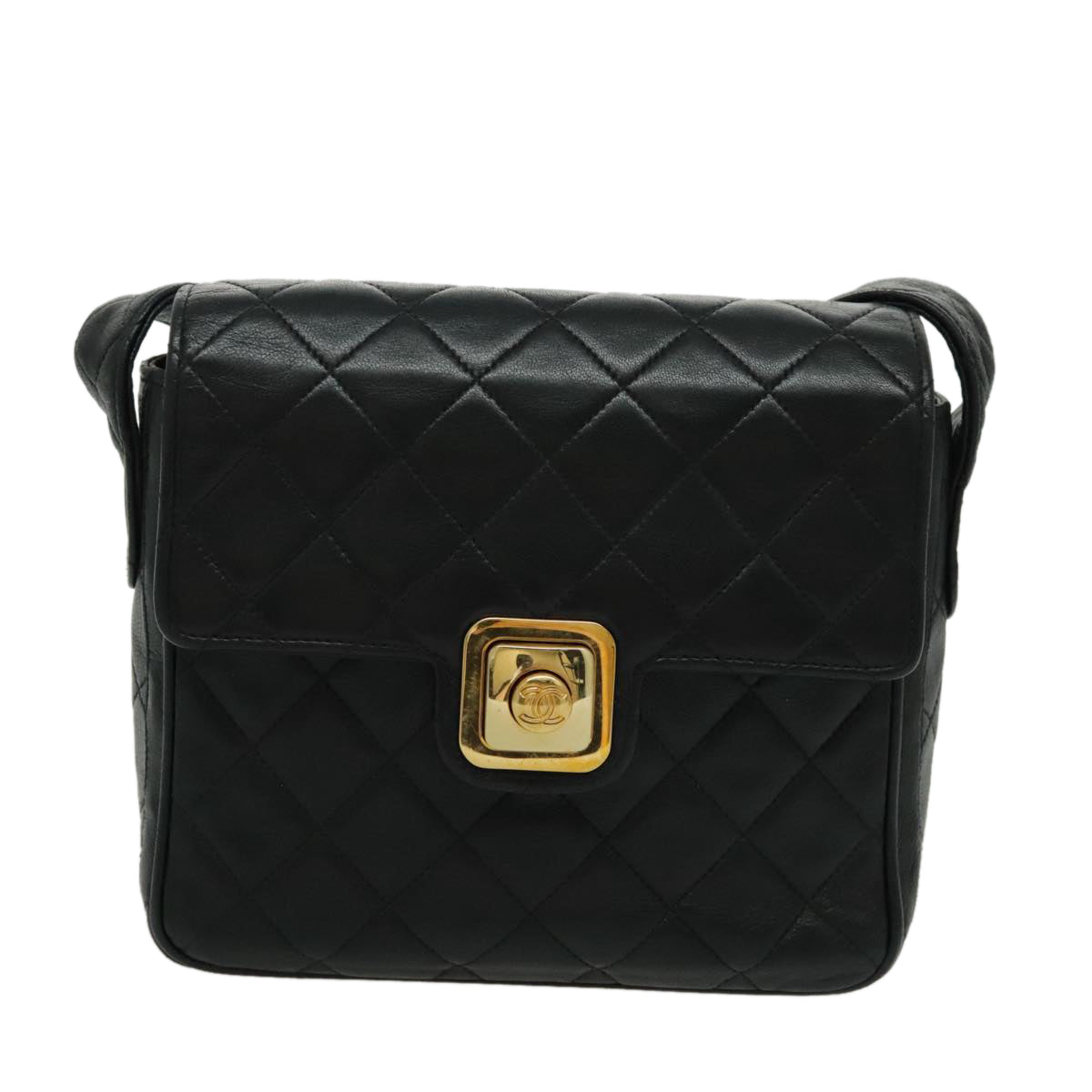CHANEL Matelasse Shoulder Bag Lamb Skin Black Gold CC bs19046