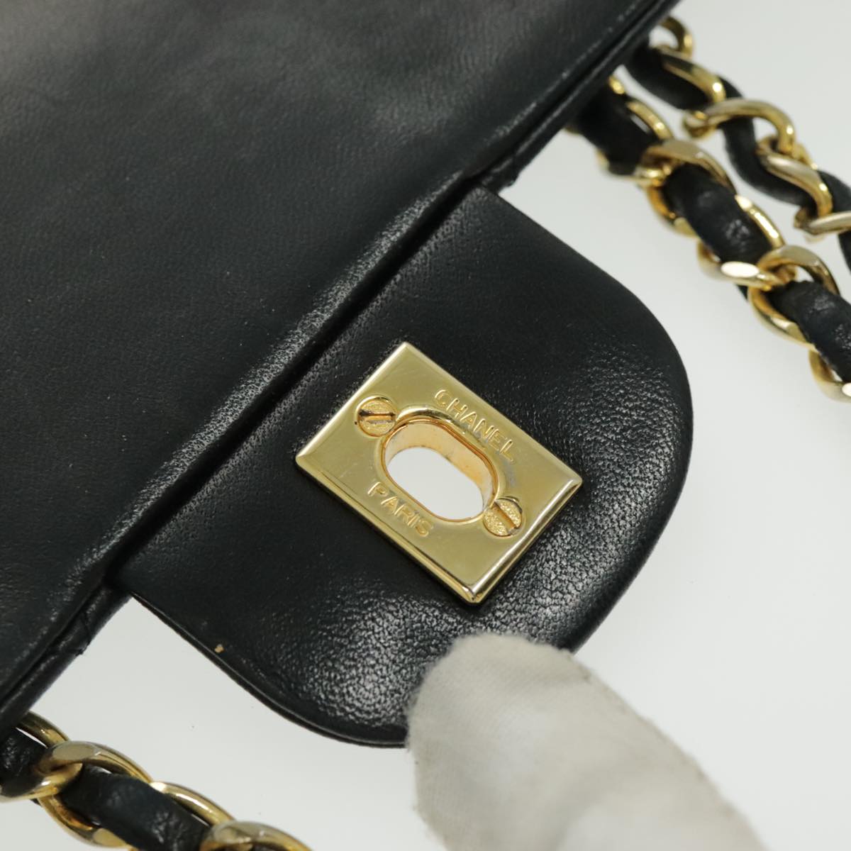 CHANEL Matrasse Chain Shoulder Bag Lamb Skin Black Gold CC bs19047A