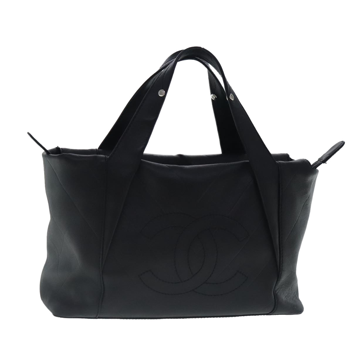 CHANEL V stitch Hand Bag Leather Black Silver CC bs19168
