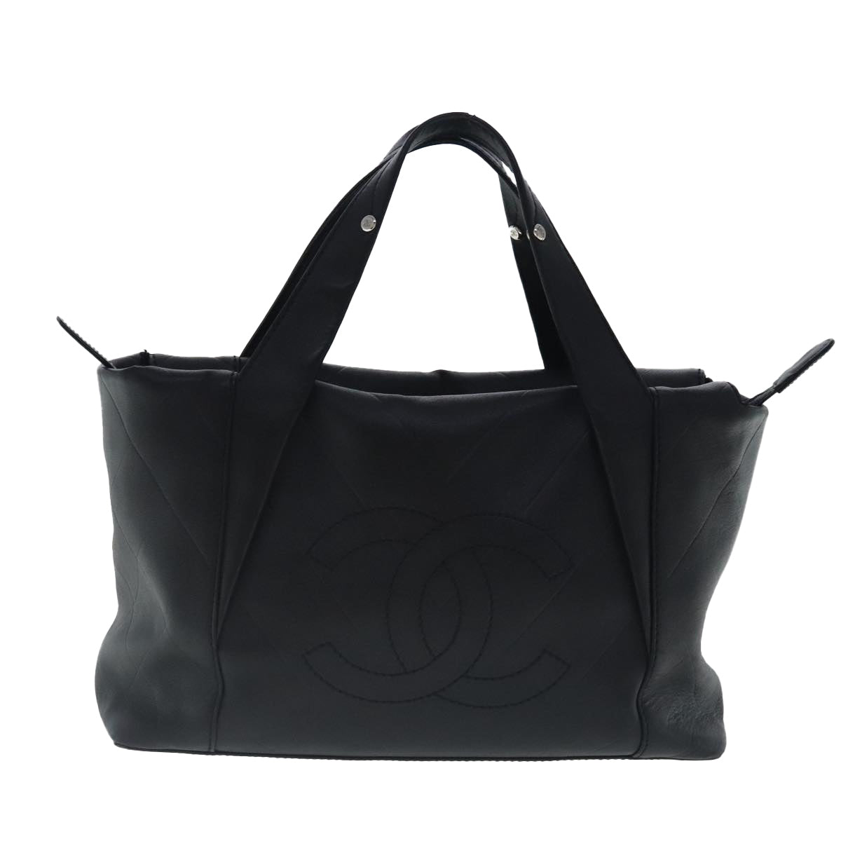 CHANEL V stitch Hand Bag Leather Black Silver CC bs19168